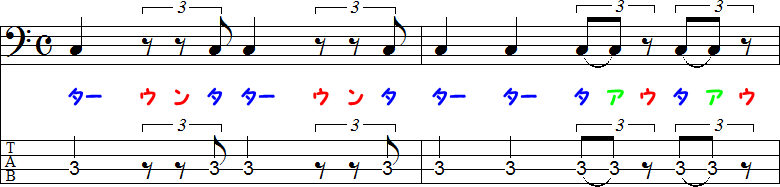 1拍3連符とタイ記号（休符）の2小節
