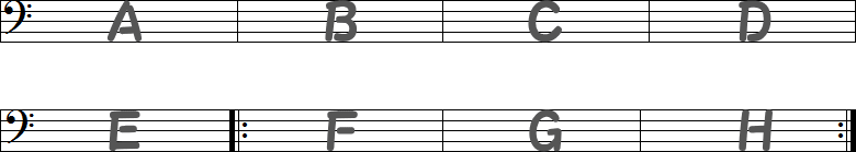 小節を挟んだリピート記号の譜面