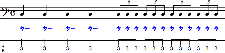 4分音符と1拍3連符（いっぱくさんれんぷ）の2小節