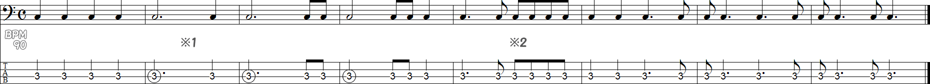 付点4分音符と付点2分音符（休符なし）の譜面