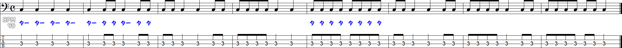 4分音符と8分音符（休符なし）の譜面