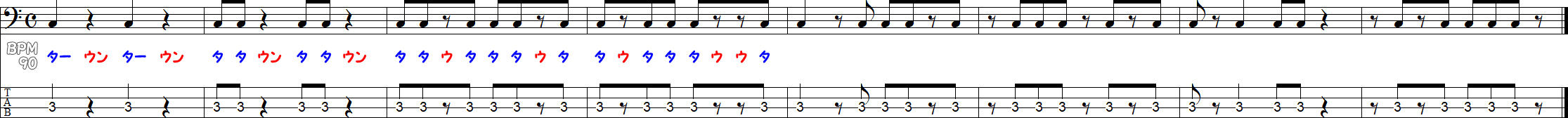 4分音符と8分音符（休符あり）の譜面