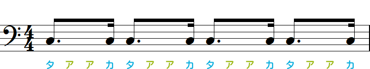 付点8分音符+16分音符で表したタアアカのリズム小節