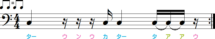 1：1イーブンの付点8休符と付点8分音符の分解小節