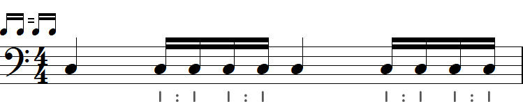 1：1のイーブンの16分音符の小節