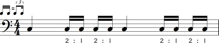 2：1ずつで区切ったシャッフルの16分音符の小節