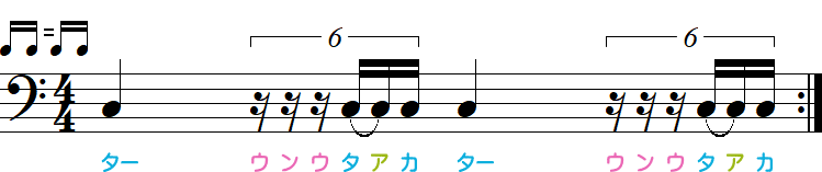 1拍6連符に16分休符とタイ記号を加えて表したウンウタアカのリズム小節
