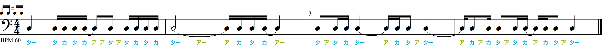 16分音符+タイ記号のイーブンリズム練習4小節