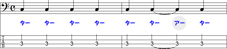 4分音符同士を結ぶタイ記号の2小節