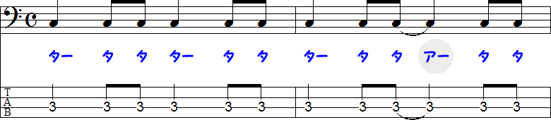 8分音符と4分音符を結ぶタイ記号の2小節