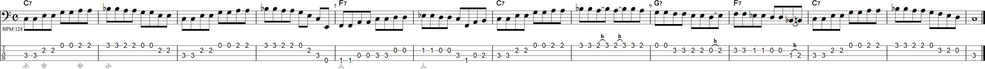 Cメジャーキーのブルースライン12小節