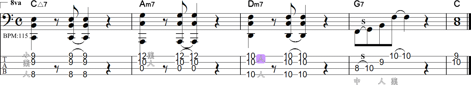 ベースの和音弾き練習譜面（Cメジャーキー）4小節
